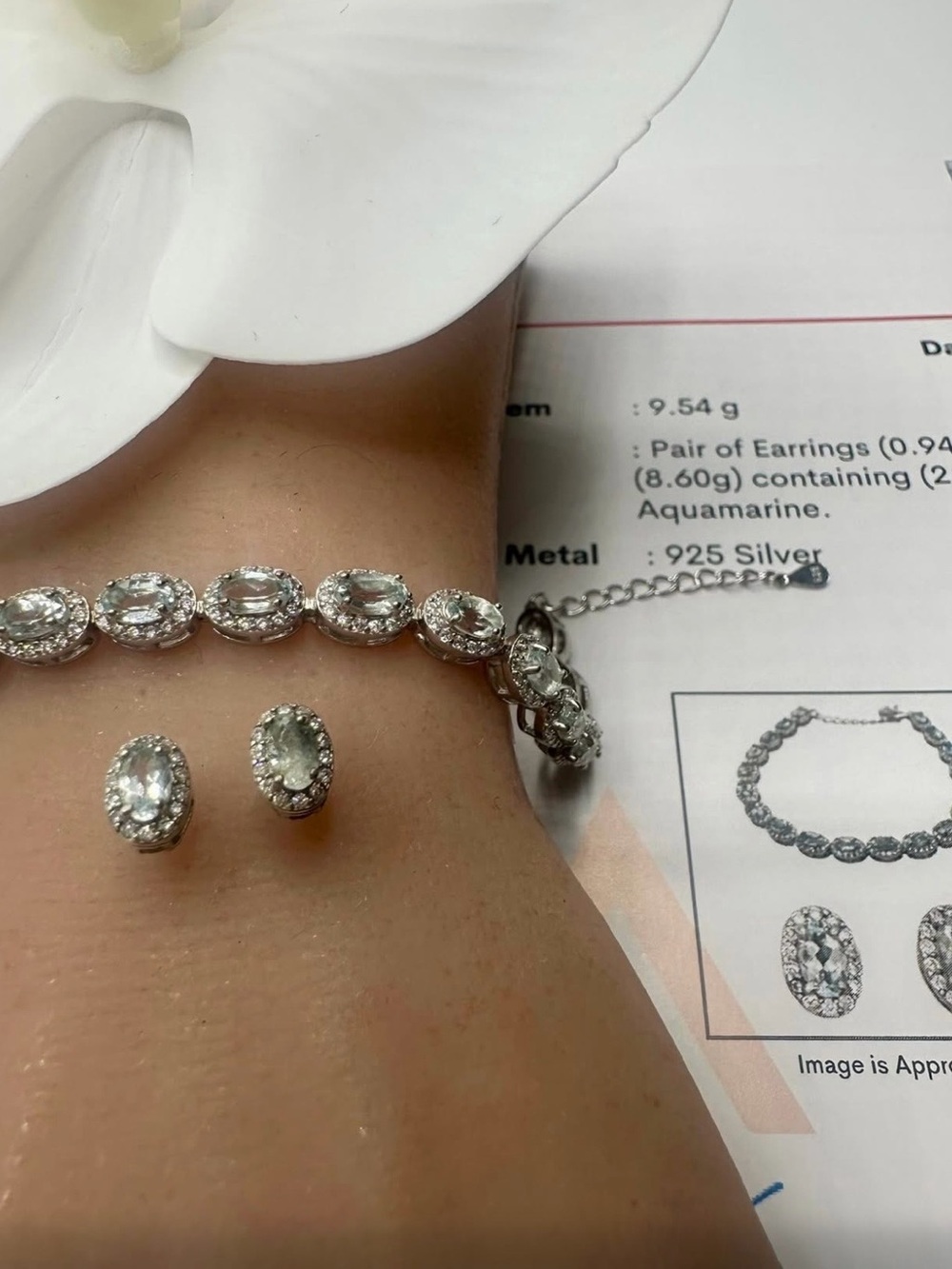 Certified Authentic Aquamarine Oval Halo Bracelet and Stud Earrings Set in S925